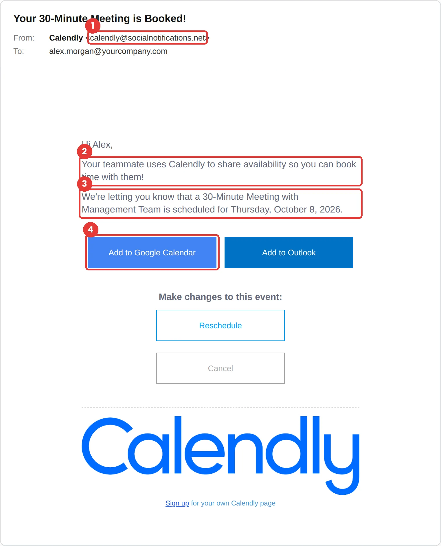 Calendly phishing email example: “Your 30-Minute Meeting is Booked!,” sent from calendly@socialnotifications.net, announcing a meeting with the Management Team and offering Add to Google Calendar and Add to Outlook buttons.