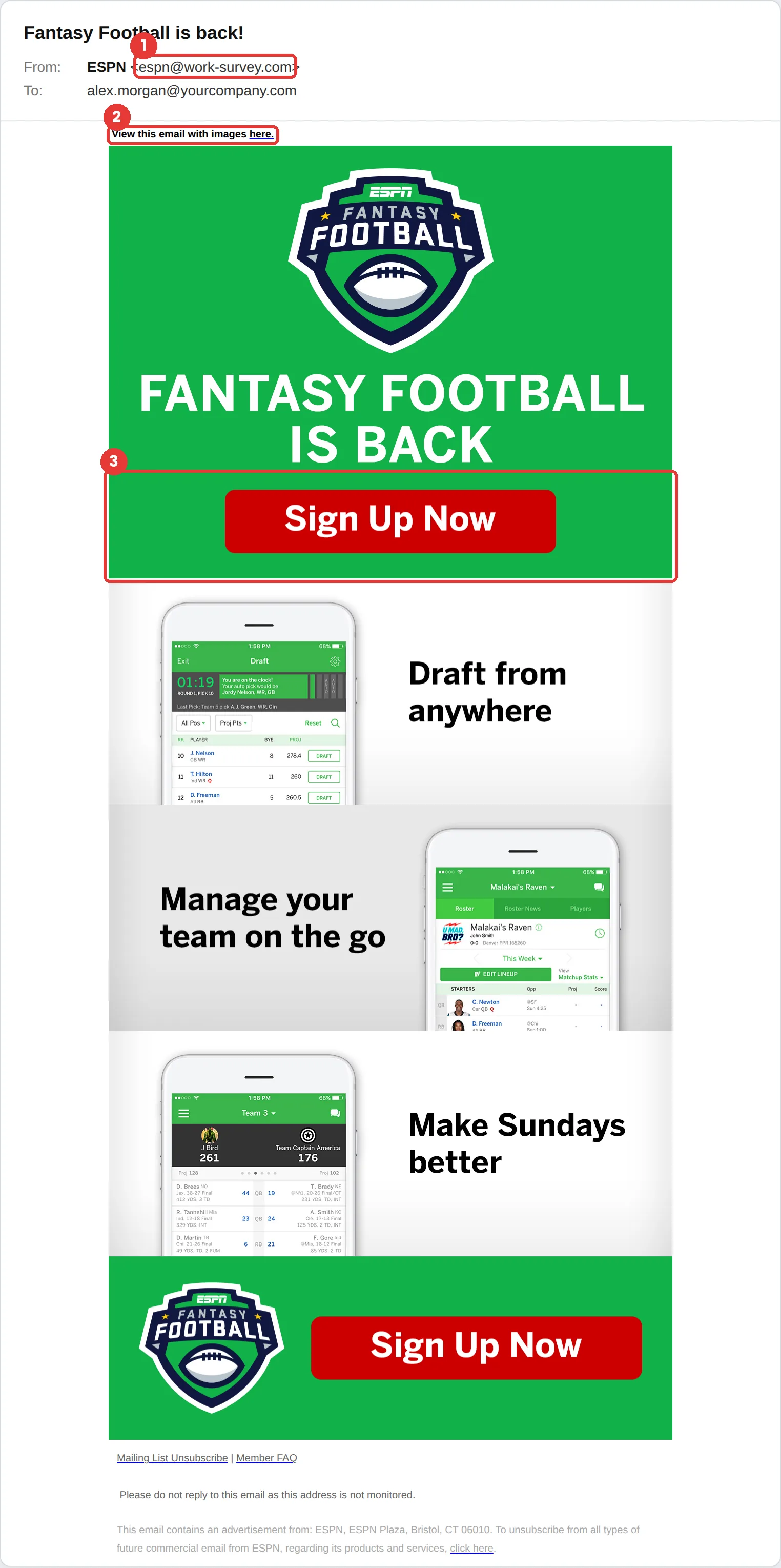 ESPN phishing email example: “Fantasy Football is back!” from espn@work-survey.com, an image-heavy email with Sign Up Now buttons.