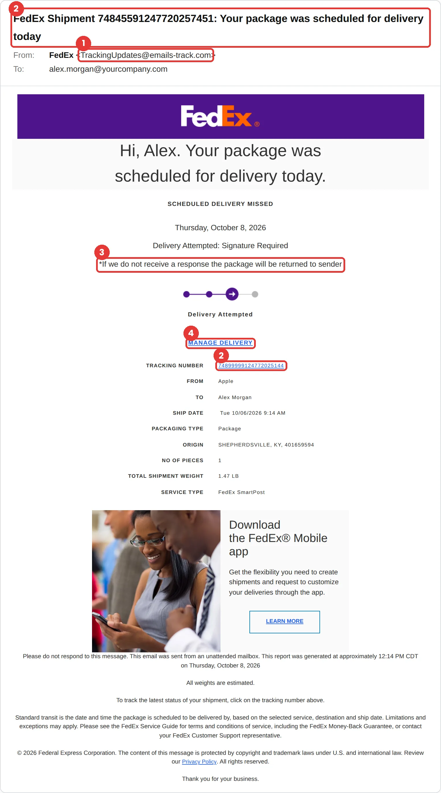 FedEx phishing email example: “Your package was scheduled for delivery today,” sent from TrackingUpdates@emails-track.com, saying a delivery was missed and the package will be returned unless you click Manage Delivery.