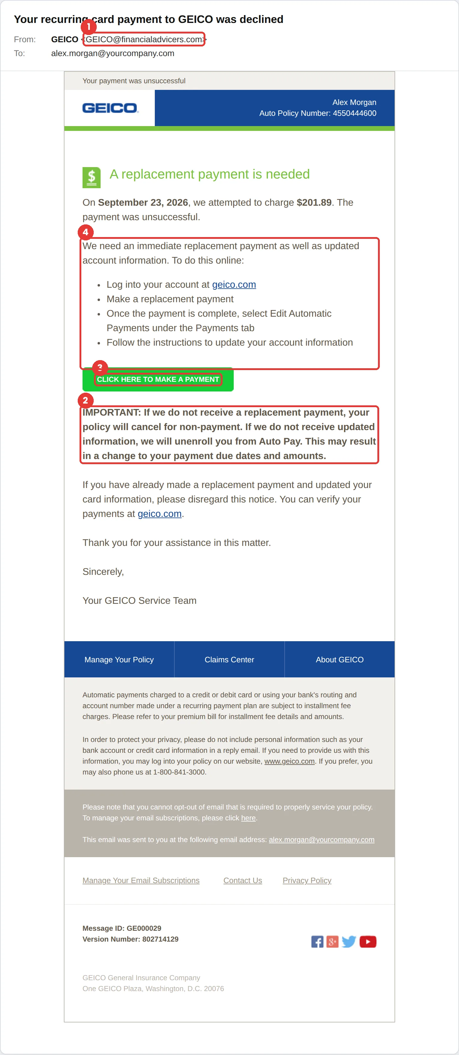 GEICO phishing email example: “Your recurring card payment to GEICO was declined,” sent from GEICO@financialadvicers.com, warning the policy will cancel unless a replacement payment is made.