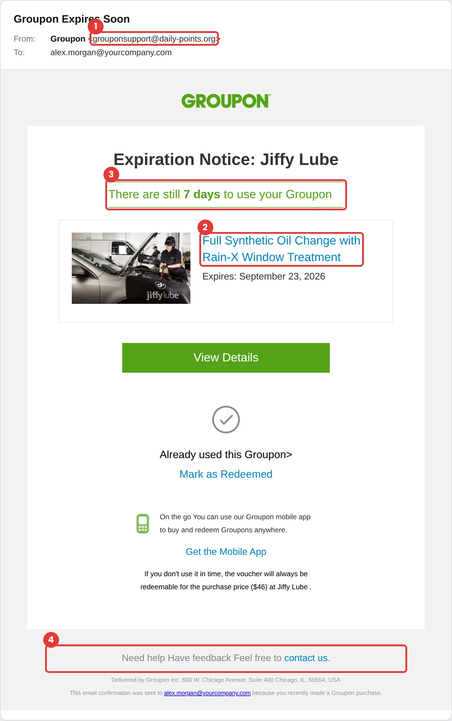 Groupon phishing email example: “Groupon Expires Soon” from grouponsupport@daily-points.org, warning that a Jiffy Lube voucher expires in 7 days.